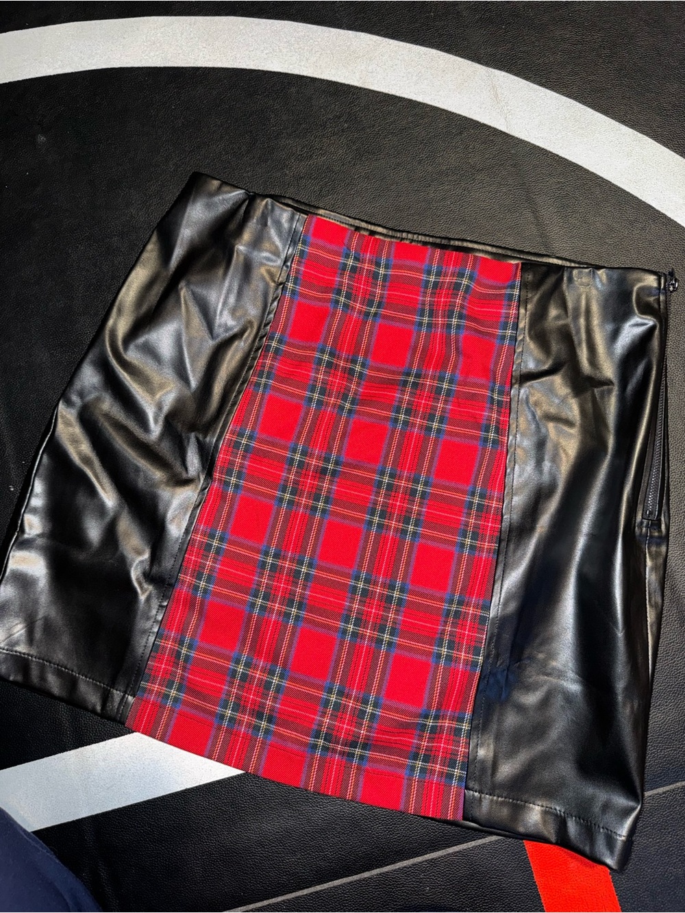 VENUS Black Faux Leather Mini Skirt with Red Plaid Panel